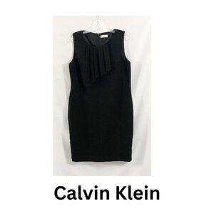 Calvin Klein Black Pleated Front Sheath Dress Size L Sleeveless Knee Len…